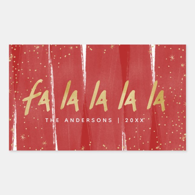 Red & Gold Fa La La La La Snowy Christmas Holiday Rectangular Sticker (Front)