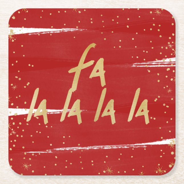 Red & Gold Fa La La La La Snowy Christmas Holiday Square Paper Coaster (Front)