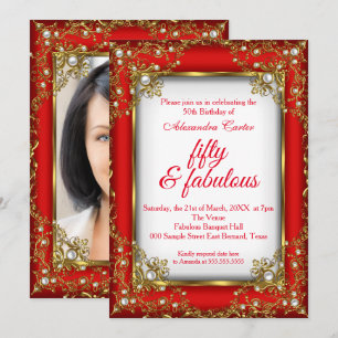Red Gold Fabulous 50 Photo Pearl birthday Party Invitation