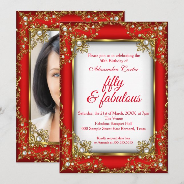 Red Gold Fabulous 50 Photo Pearl birthday Party Invitation (Front/Back)