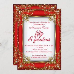 Red Gold Fabulous 50 Photo Pearl birthday Party Invitation