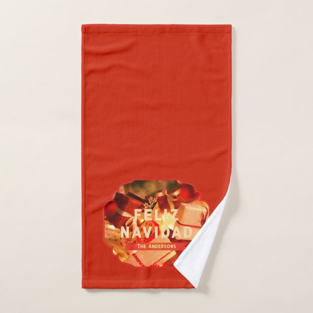Red Gold Family Elegant Feliz Navidad Christmas Hand Towel (Hand Towel)
