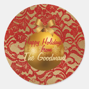 Red & Gold Faux Floral Lace Gold Ball Ornament Classic Round Sticker