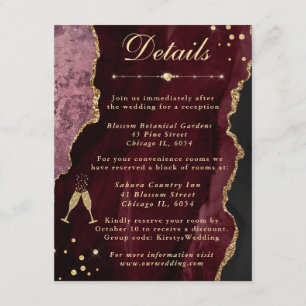 Red & Gold Faux Glitter Agate Wedding Details Enclosure Card