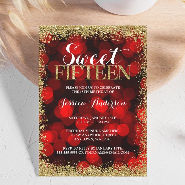Red Gold Faux Glitter Lights Sweet 15 Quinceanera Invitation (Creator Uploaded)