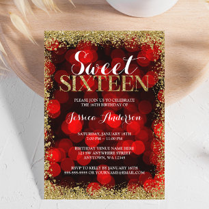 Red Gold Faux Glitter Lights Sweet 16 Birthday Invitation