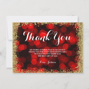 Red Gold Faux Glitter Lights Sweet 16 Thank You Card