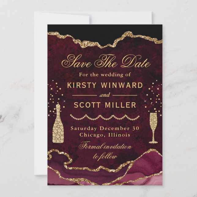 Red & Gold Faux Glitter Marble Agate Wedding Save The Date (Front)