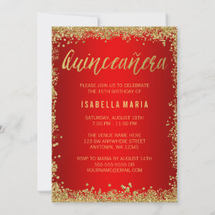 Red Gold Faux Glitter Quinceanera 15th Birthday Invitation