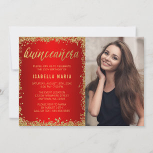 Red Gold Faux Glitter Quinceanera 15th Photo Invitation