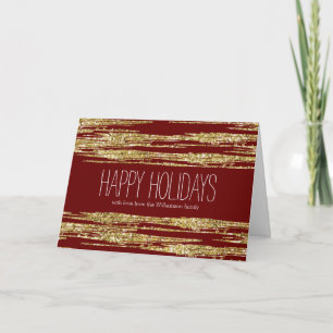 Red Gold Faux Glitter Stripes Christmas Holiday Card