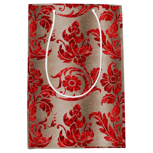 Red Gold Faux Velvet Damask Elegant Medium Gift Bag (Front)