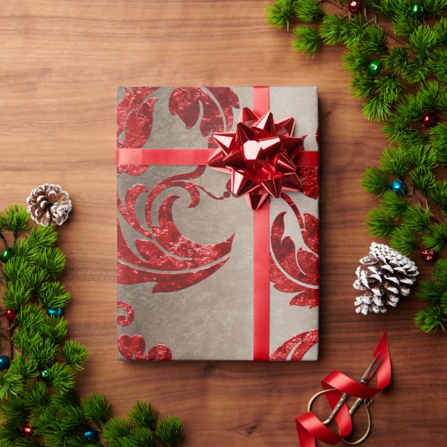Red Gold Faux Velvet Damask Elegant Wrapping Paper (Holiday Gift)