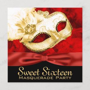 Red Gold Feather Sweet 16 Masquerade Party Invitation