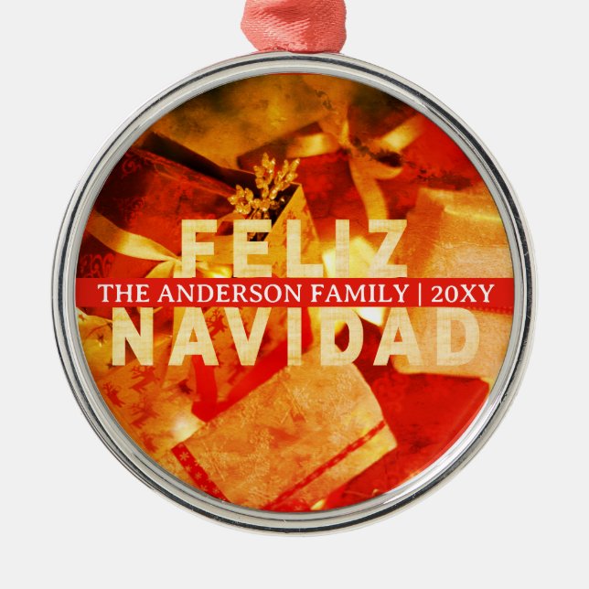 Red Gold Feliz Navidad Modern Elegant Christmas Metal Tree Decoration (Front)