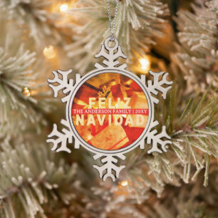 Red Gold Feliz Navidad Modern Elegant Christmas Snowflake Pewter Christmas Ornament