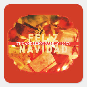  Red Gold Feliz Navidad Modern Merry Christmas Square Sticker