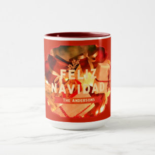 Red Gold Feliz Navidad Script Modern Christmas Mug