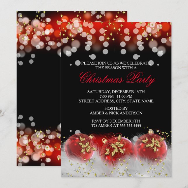 Red Gold Festive Baubles Christmas Holiday Party Invitation (Front/Back)
