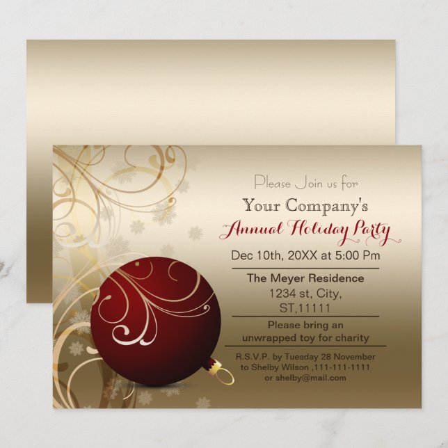 red gold Festive Corporate holiday party Invitation (Front/Back)