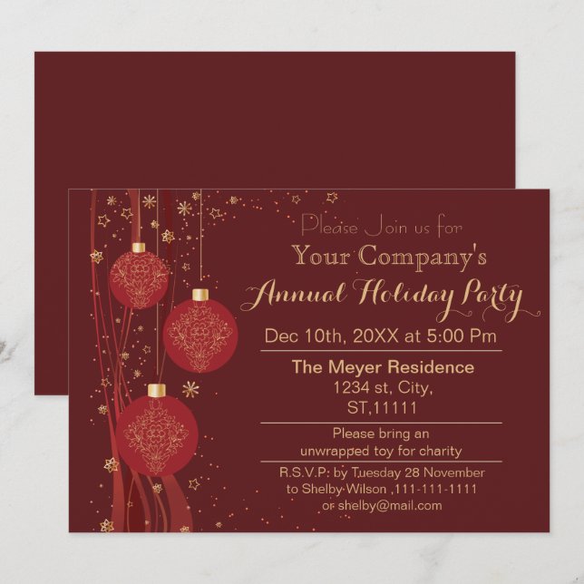 Red Gold Festive Corporate holiday party Invitation (Front/Back)