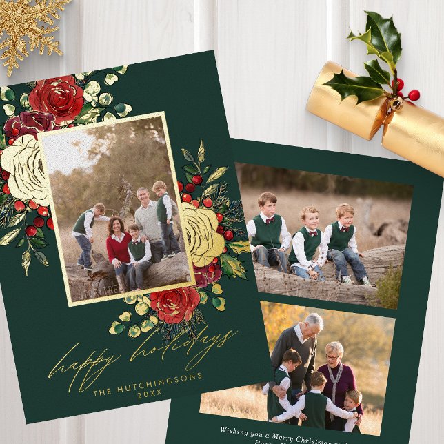 Red & Gold Festive Florals 3 Photo Modern Foil Holiday Card (Creator Uploaded)