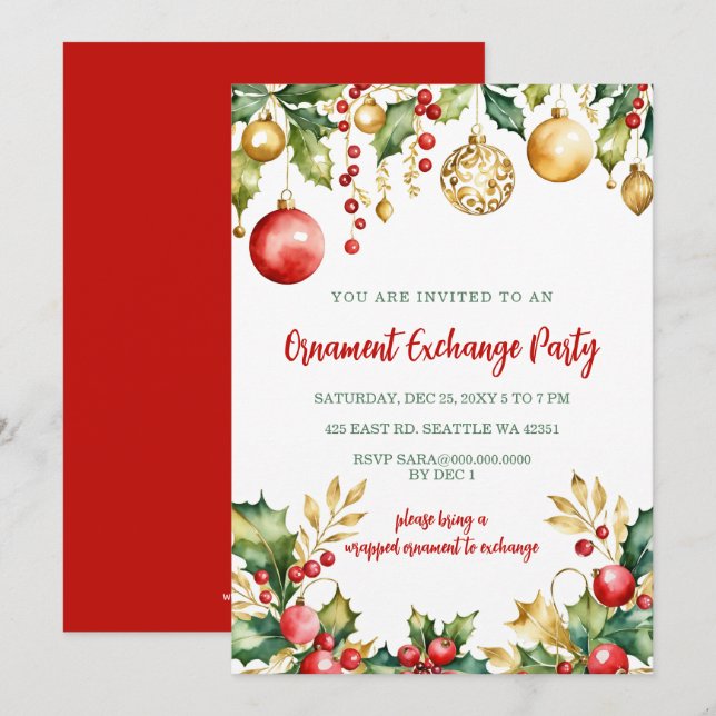 Red Gold Festive Ornament Exchange Christmas Party Invitation (Front/Back)