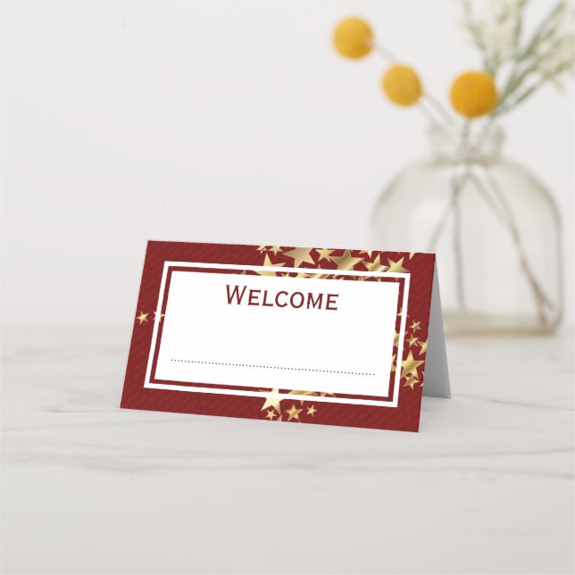 Red Gold FESTIVE STARS Customisable Place Card (Front)