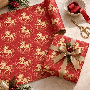 Red Gold Fire Horse Chinese New Year  Wrapping Paper