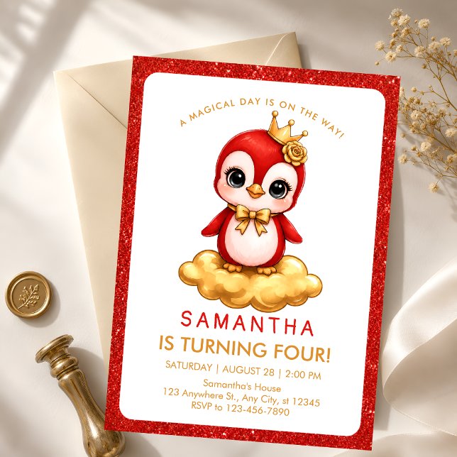 Red Gold Flamingo Princess 4th Birthday Invitation (Creator Uploaded)