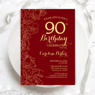 Red Gold Floral 90th Birthday Party Invitation
