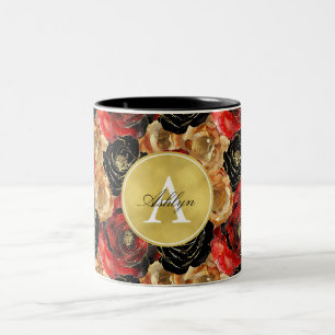 Red Gold Floral Abstract Monogram Two-Tone Coffee Mug
