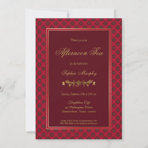 Red Gold Floral Afternoon Tea Bridal Shower Invitation