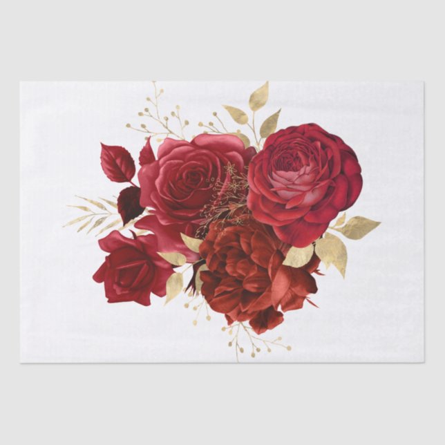 Red Gold Floral Bouquet Watercolor Decoupage Tissue Paper (Front)