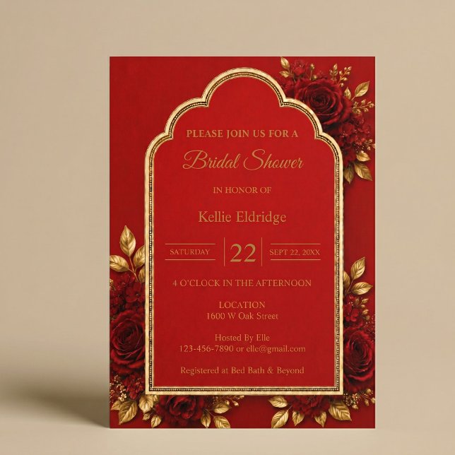 Red & Gold Floral Bridal Shower Invitation (Creator Uploaded)