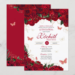Red & Gold Floral Butterfly Elegant Quinceanera Invitation