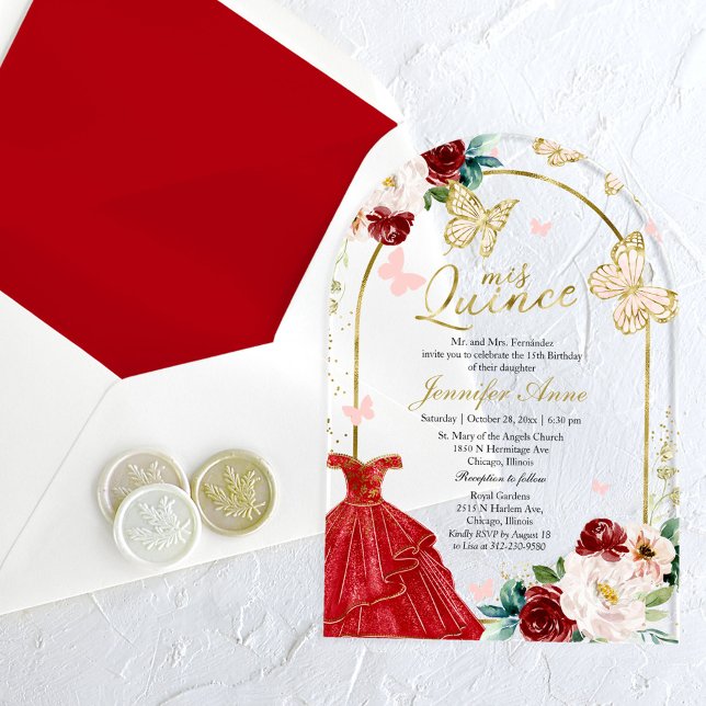 Red Gold Floral Butterfly Quinceañera  Acrylic Invitations (Creator Uploaded)