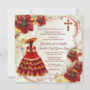 Red Gold Floral Charra Quinceanera Invitation