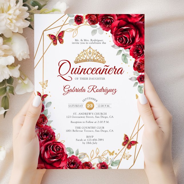 Red Gold Floral Chic Quinceanera Invitation (Creator Uploaded)