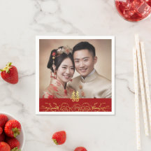 Red gold floral Chinese wedding photo double xi