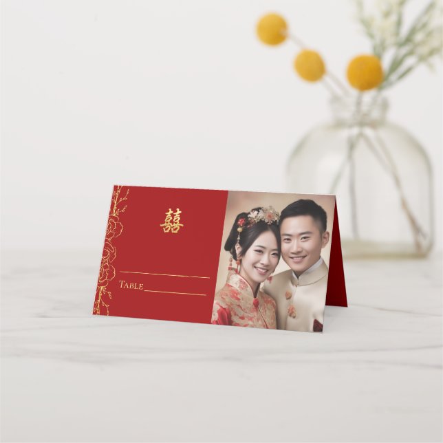 Red gold floral Chinese wedding photo double xi Place Card (Front)
