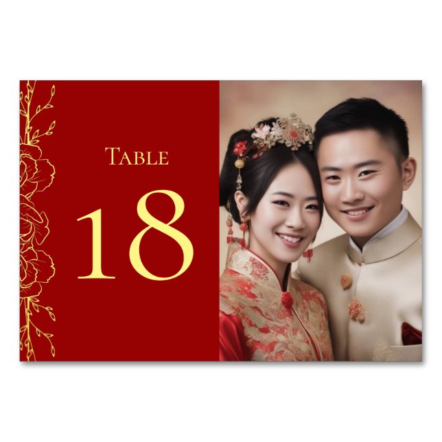Red gold floral Chinese wedding photo double xi Table Number (Front)