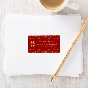 Red gold floral chinese wedding return address label