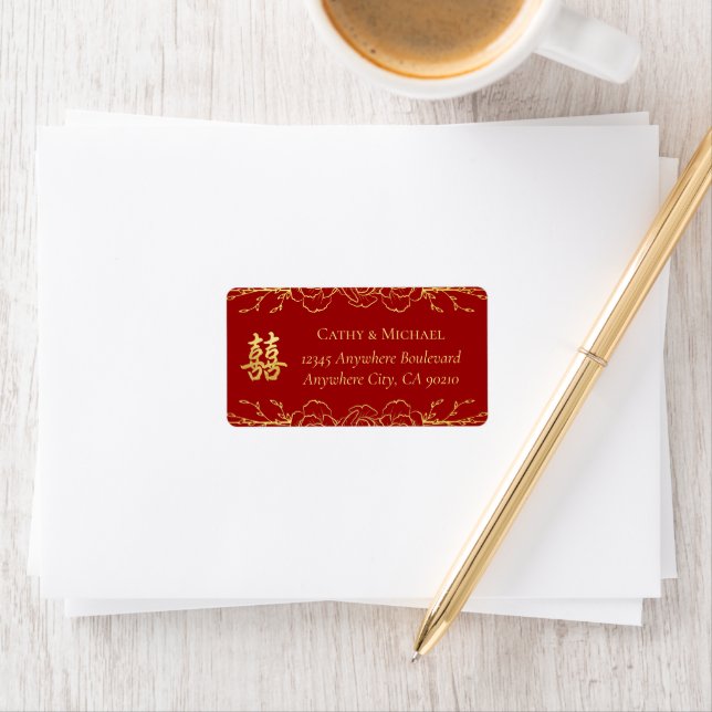 Red gold floral chinese wedding return address label (Insitu)