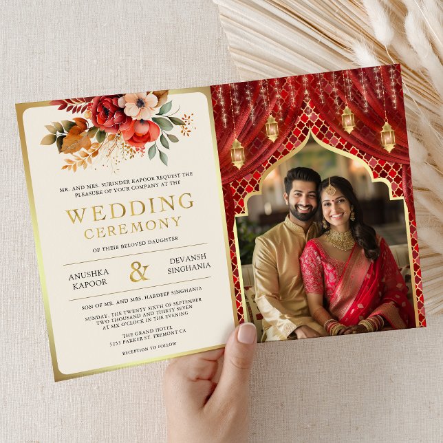Red Gold Floral Curtain Indian Hindu Wedding Invitation (Creator Uploaded)