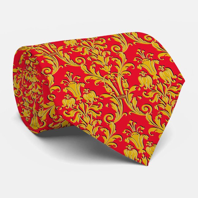 Red Gold Floral Damask Tie (Rolled)