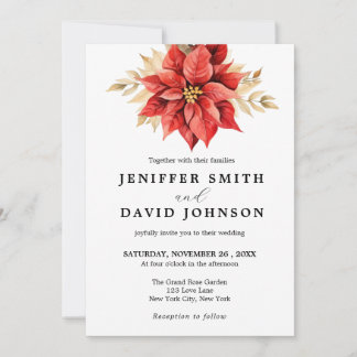 Red Gold Floral Elegant White Wedding Invitation