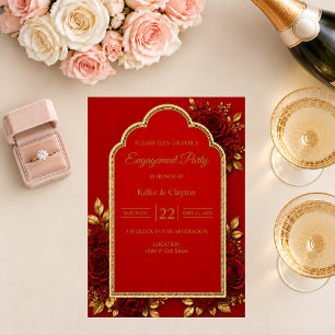 Red & Gold Floral Engagment Party Invitation