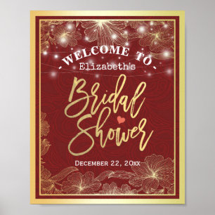 Red & Gold Floral Frame Bridal Shower Welcome Sign
