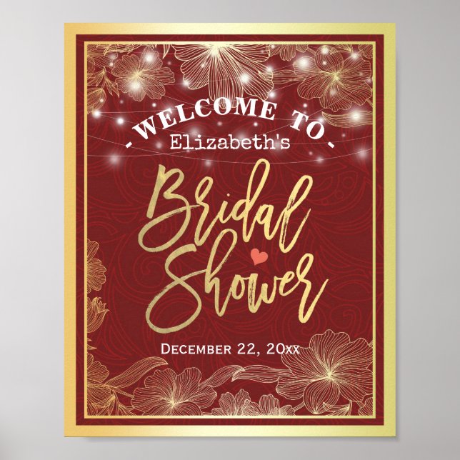 Red & Gold Floral Frame Bridal Shower Welcome Sign (Front)